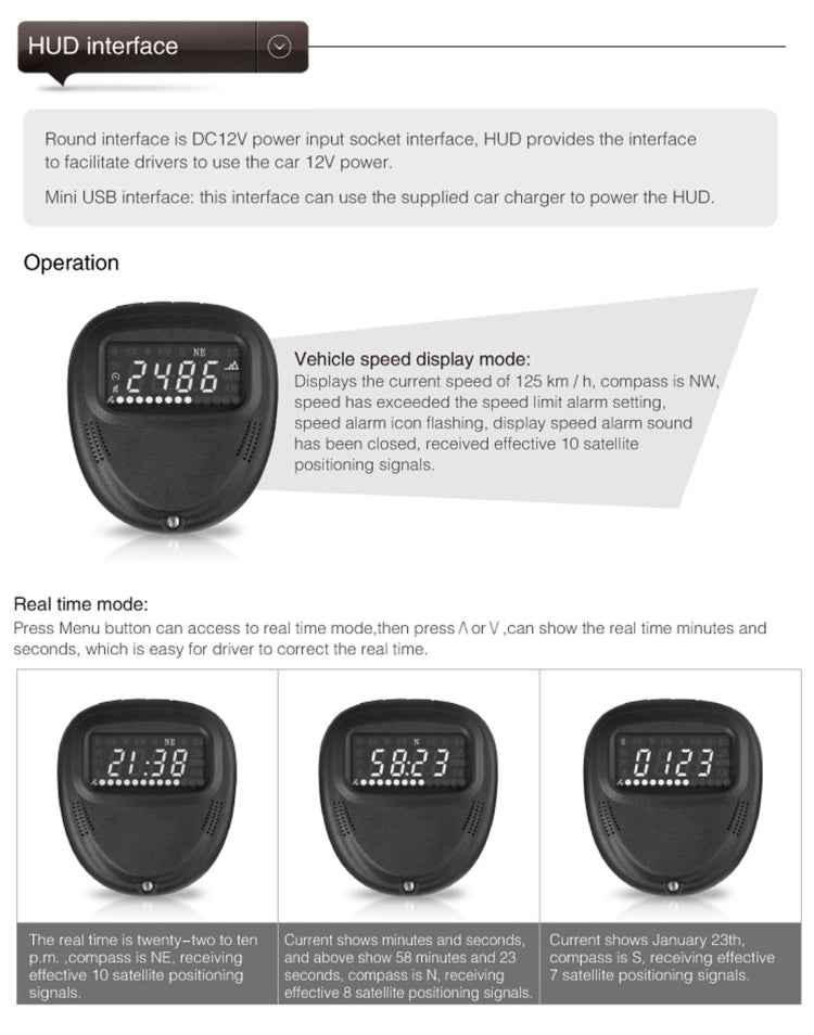 A1 2.0 inch Car GPS HUD Head Up Display Vehicle-mounted Security System, Support Speed & Real Time & Altitude & Over Speed Alarm & Compass & MPH & Auto Sleeping & KM & Satellite Signal