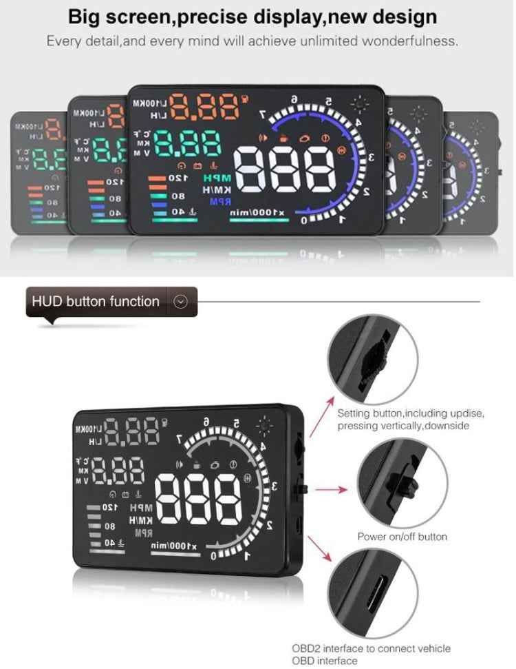 A8 5.5 inch Car OBDII HUD Warning System Vehicle-mounted Head Up Display Projector with LED, Support Fuel Consumption & Over Speed Alarm & Water Temperature & Fault Diagnosis