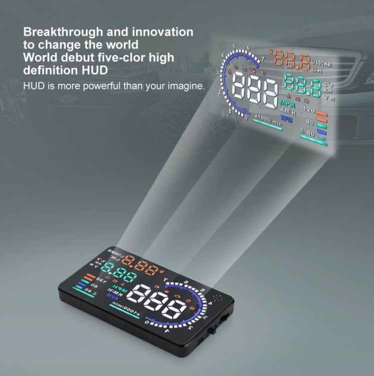 A8 5.5 inch Car OBDII HUD Warning System Vehicle-mounted Head Up Display Projector with LED, Support Fuel Consumption & Over Speed Alarm & Water Temperature & Fault Diagnosis