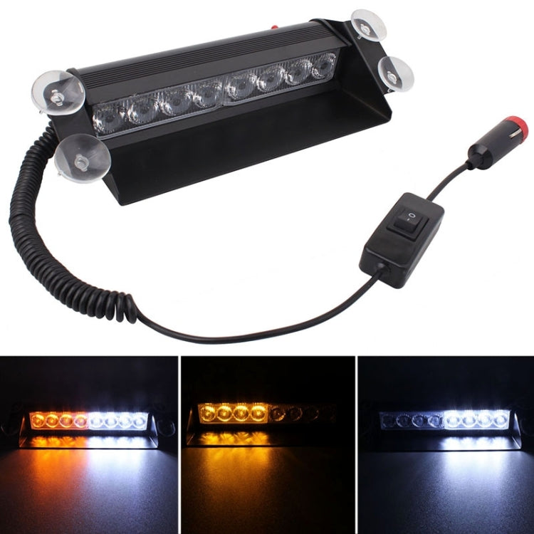 8W 800LM 8-LED 3-Modes Adjustable Angle Car Strobe Flash Dash Emergency Light Warning Lamp with Suckers, DC 12V, White + Yellow