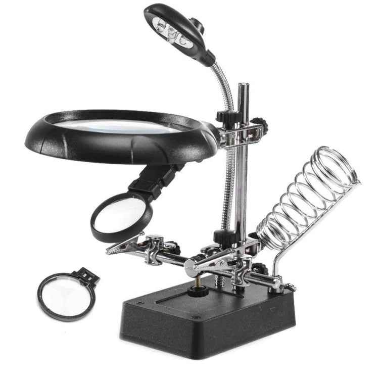 5 LED Auxiliary Clip Magnifier AC/DC Interchangeable with Soldering Stand & Two Magnifier, EU Plug
