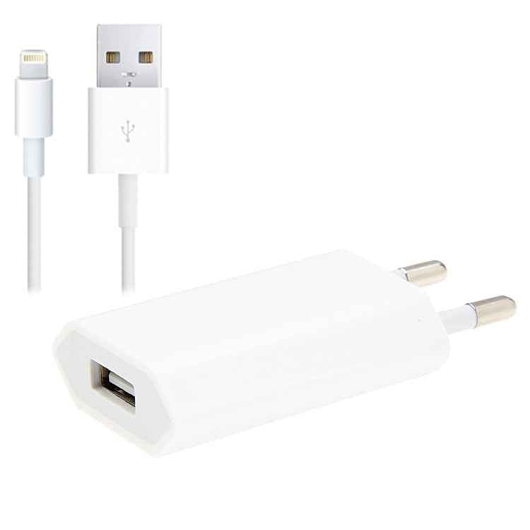 2 in 1 5V 1A EU Plug Travel Charger Adapter with 1m 8-pin Cable For iPhone