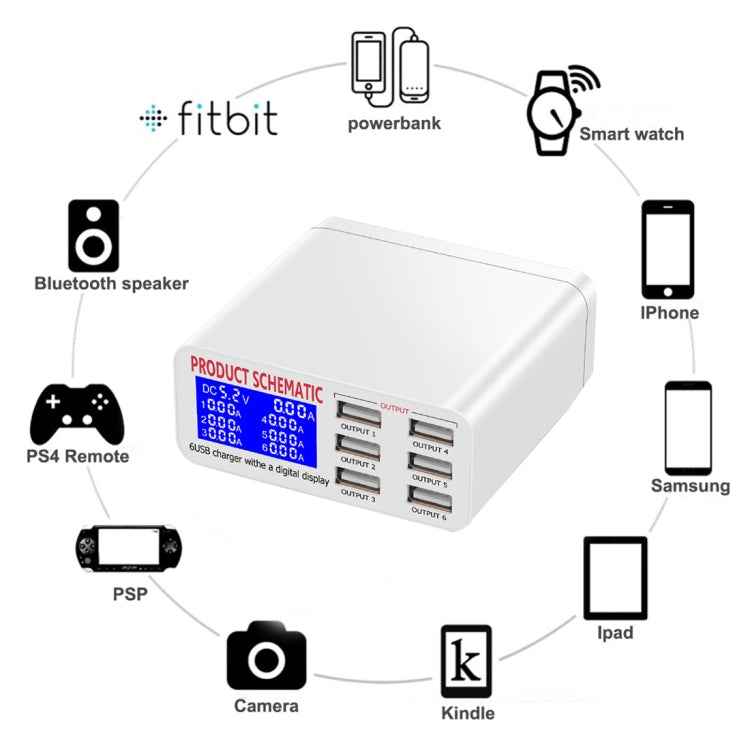 WLX-899 30W USB Charger 5V 6A Output 3.5A Max High Speed 6-Ports USB Charger with Digital Display & 1.5m Cable