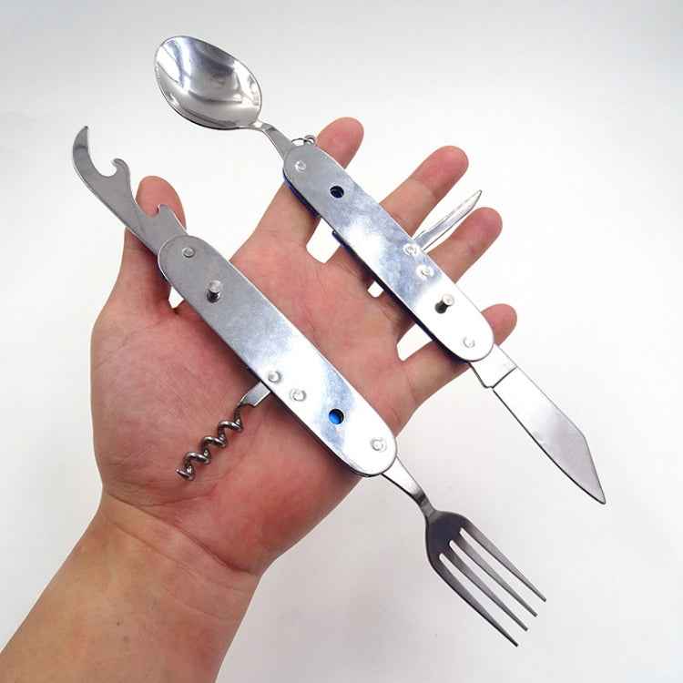 6-in-1 Stainless Steel Travel / Camping Folding Cutlery Set, Spoon + Fork + Knife +  Bottle Opener Set