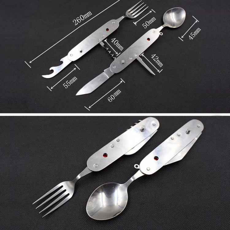 6-in-1 Stainless Steel Travel / Camping Folding Cutlery Set, Spoon + Fork + Knife +  Bottle Opener Set