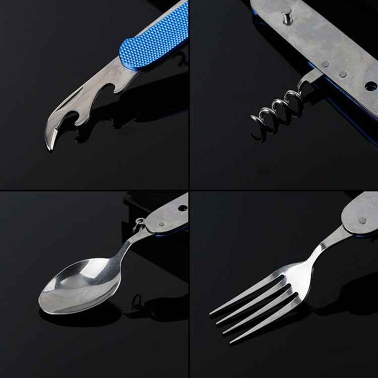 6-in-1 Stainless Steel Travel / Camping Folding Cutlery Set, Spoon + Fork + Knife +  Bottle Opener Set