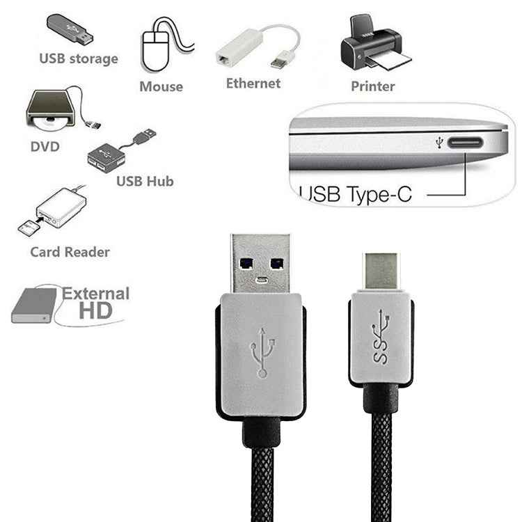 3m Woven Style 2A USB-C / Type-C 3.1 Male to USB 3.0 Male Data / Charger Cable