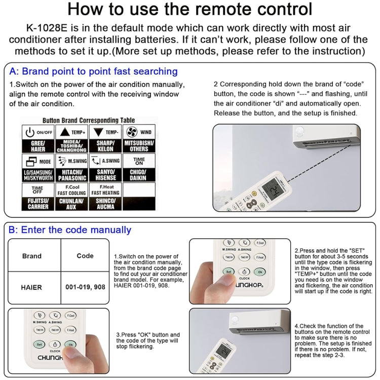 Chunghop K-1028E 1000 in 1 Universal A/C Remote Controller with Flashlight