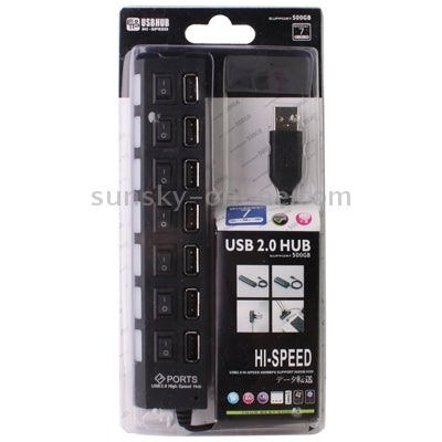 7 Ports USB Hub 2.0 USB Splitter High Speed 480Mbps with ON/OFF Switch / 7 LEDs, 7 Ports (Black)