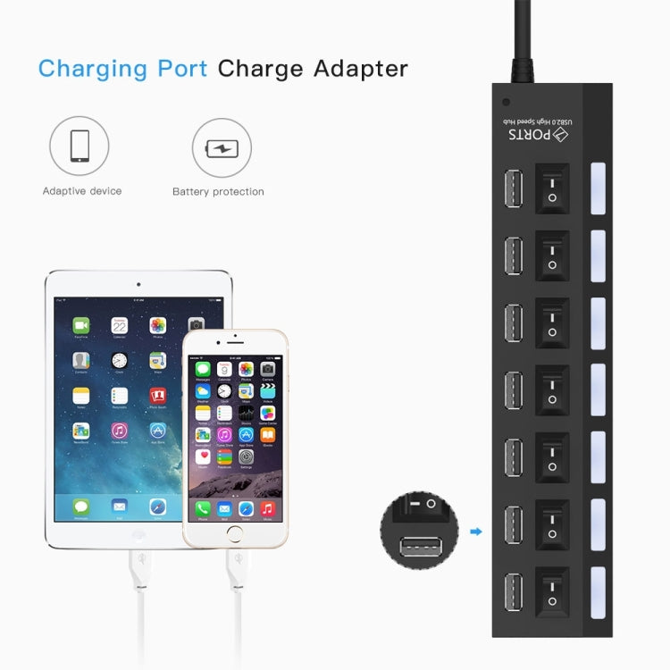 7 Ports USB Hub 2.0 USB Splitter High Speed 480Mbps with ON/OFF Switch / 7 LEDs, 7 Ports (Black)