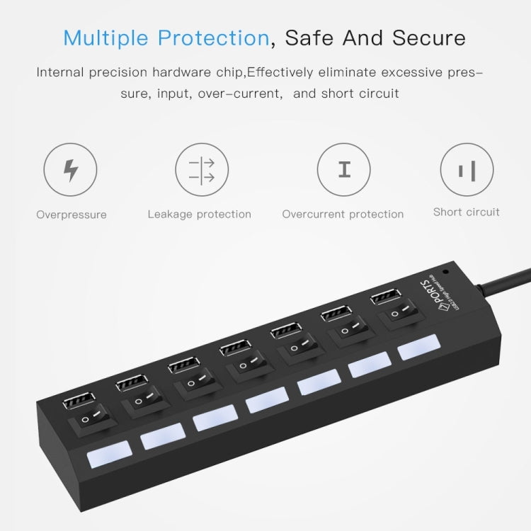 7 Ports USB Hub 2.0 USB Splitter High Speed 480Mbps with ON/OFF Switch / 7 LEDs, 7 Ports (Black)