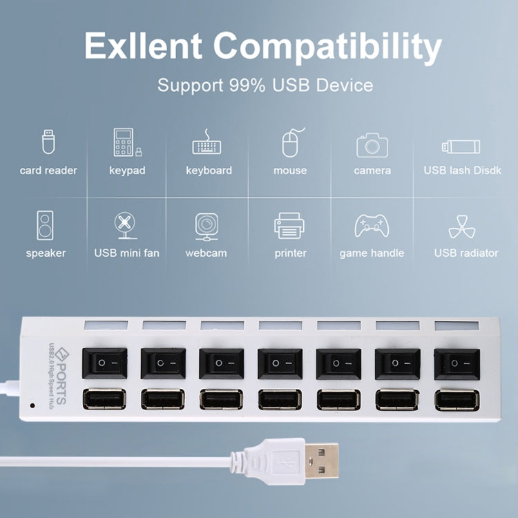 7 Ports USB Hub 2.0 USB Splitter High Speed 480Mbps with ON/OFF Switch / 7 LEDs, 7 Ports (Black)