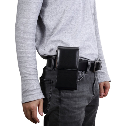 Men Glossy Texture Portable Mobile Phone Back Buckle Vertical Sleeve Waist Pack Leather Case for 6.3 Inch or Below Smartphones