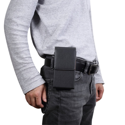 Men Litchi Texture Portable Mobile Phone Back Buckle Vertical Sleeve Waist Pack Leather Case for 6.3 Inch or Below Smartphones
