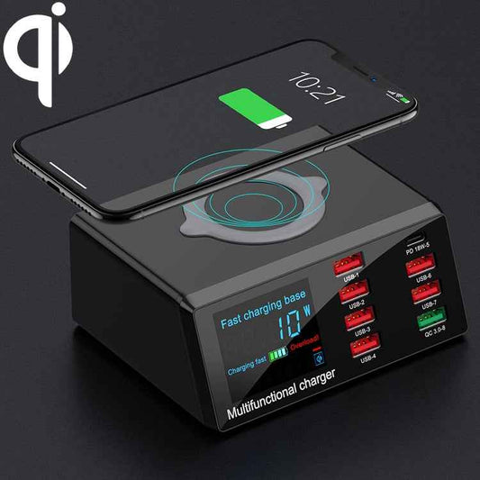 X9 9 in 1 QC 3.0 USB Interface + 6 USB Ports + PD 65W Ports + QI Wireless Fast Charging Multi-function Charger with LED Display