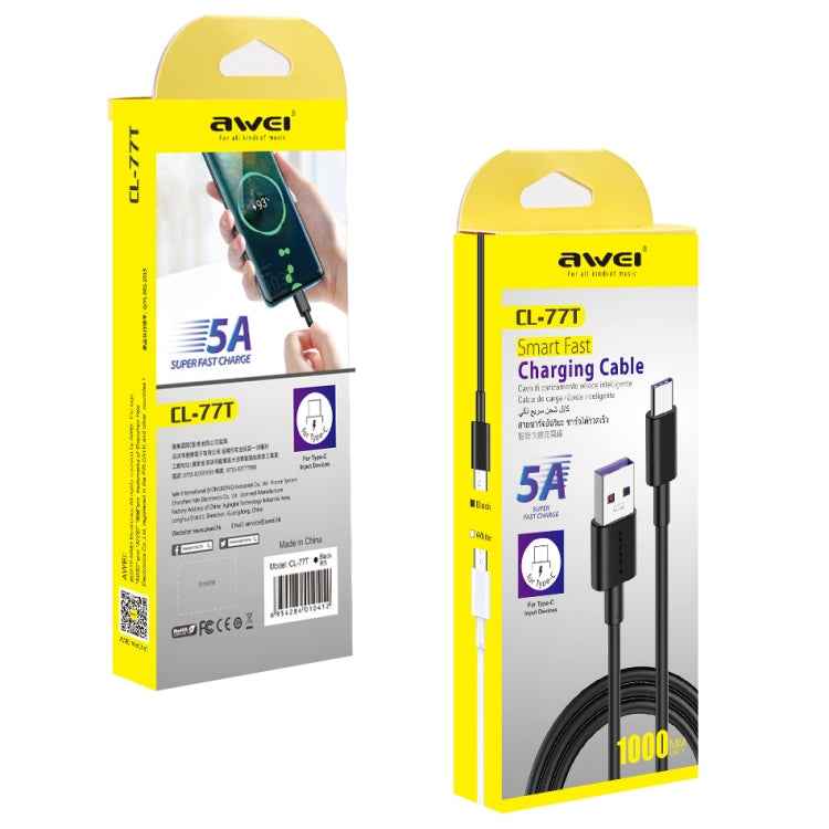 awei CL-77T 5A USB to USB-C / Type-C Interface Smart Fast Charge TPE Data Cable, Cable Length: 1m