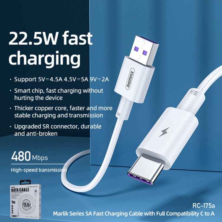 REMAX Marlik Series RC-175a 22.5W 5A USB to USB-C / Type-C Interface Fully Compatible Fast Charging Data Cable, Cable Length: 1m
