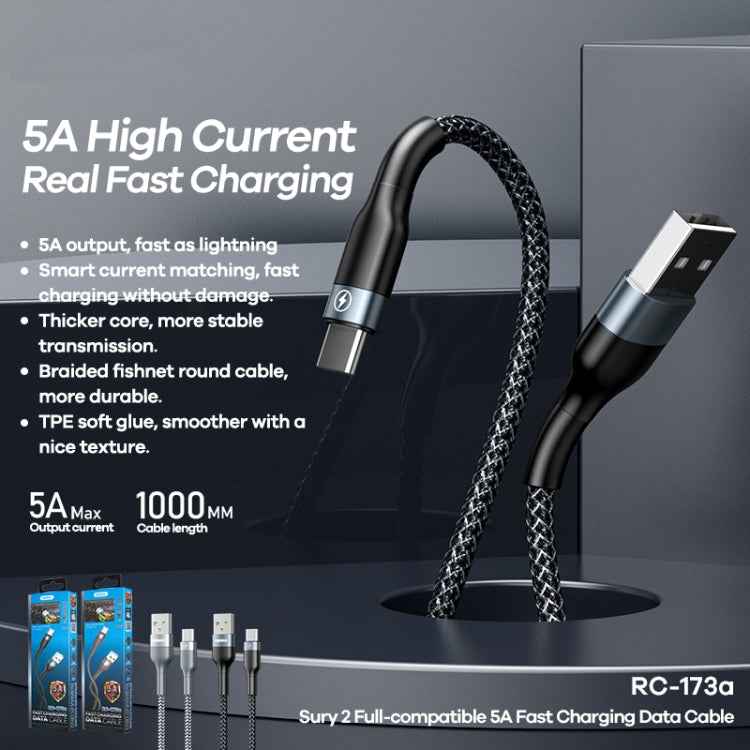 REMAX RC-173a 5A USB to USB-C / Type-C Sury 2 Fully Compatible Fast Charging Data Cable, Cable Length: 1m
