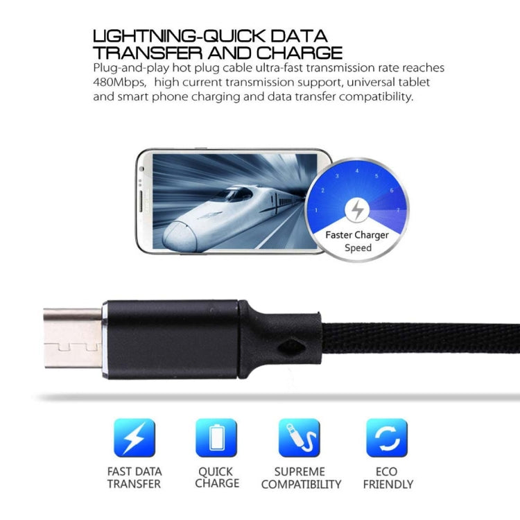 1m 2A Output USB to USB-C / Type-C Nylon Weave Style Data Sync Charging Cable, 2A Black