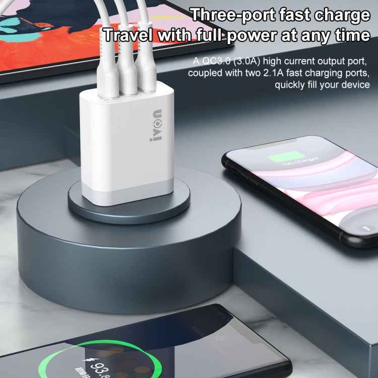 IVON AD37 5A QC 3.0 Three USB Port Travel Charger, US Plug