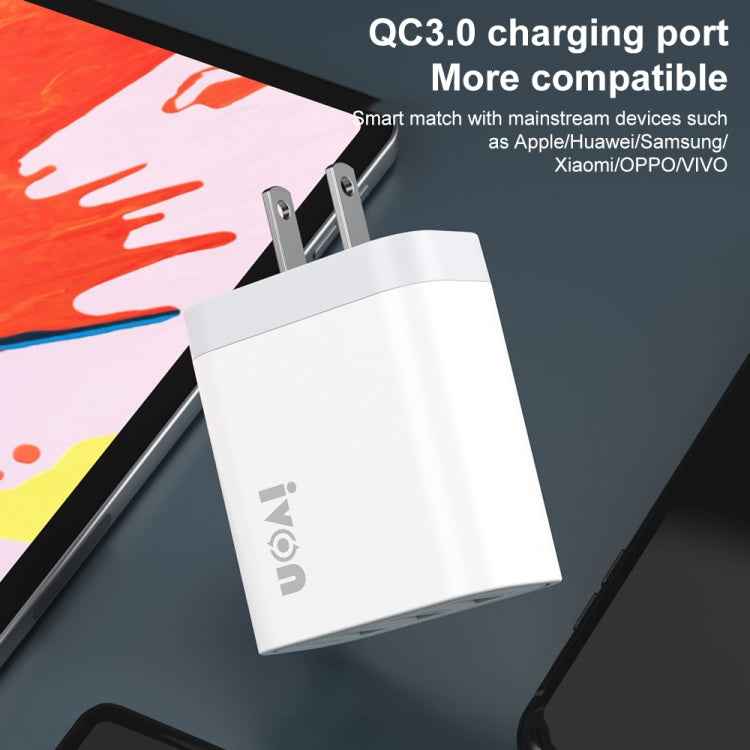 IVON AD37 5A QC 3.0 Three USB Port Travel Charger, US Plug