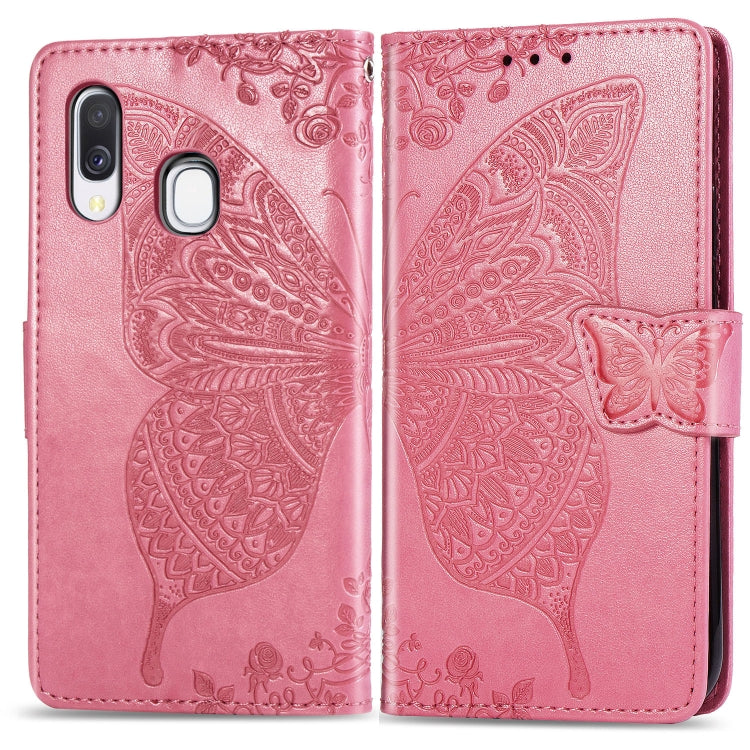 Butterfly Love Flowers Embossing Horizontal Flip Leather Case for Galaxy A40, with Holder & Card Slots & Wallet & Lanyard