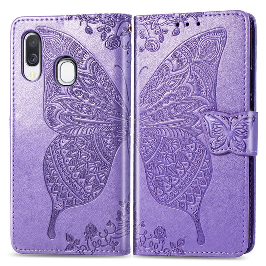 Butterfly Love Flowers Embossing Horizontal Flip Leather Case for Galaxy A40, with Holder & Card Slots & Wallet & Lanyard