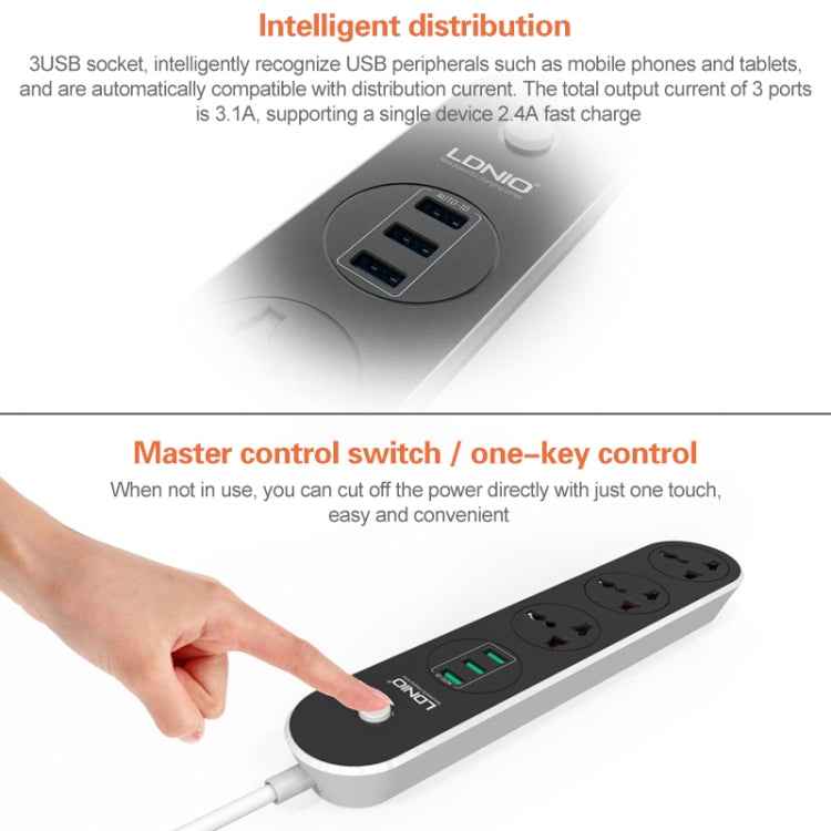 LDNIO SC3301 3 x USB Ports Travel Home Office Socket, Cable Length: 1.6m, US Plug