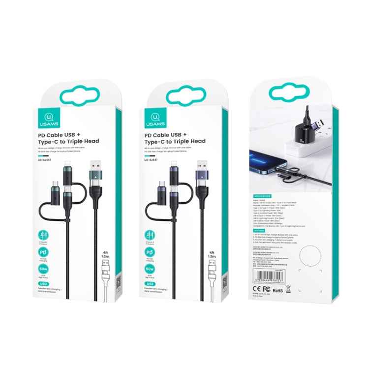 USAMS US-SJ547 U62 USB + Type-C / USB-C toType-C / USB-C + 8 Pin + Micro Aluminum Alloy PD Fast Charging Data Cable, Length: 1.2m