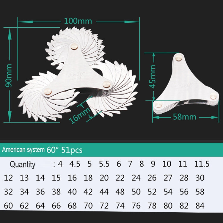 51 PCS US Screw Pitch Thread Blades 60 Degrees CR Stainless Steel Thread Gauge, 51 PCS Thread Gauge
