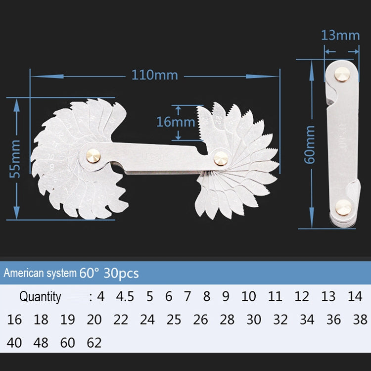 30 PCS US Screw Pitch Thread Blades 60 Degrees CR Stainless Steel Thread Gauge