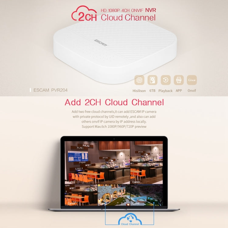 ESCAM PVR204 1080P 4CH+2CH ONVIF NVR Digital Video Recorder with 2CH Cloud Channel for IP Camera System