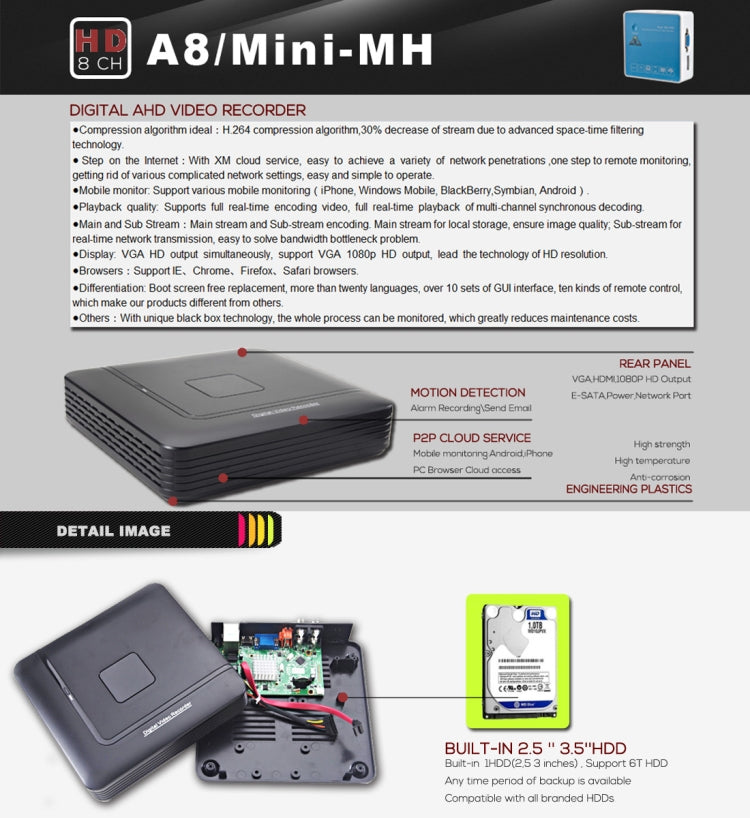A8/Mini-MH 5 in 1 8-Channel Dual Stream H.264 1080P Mini AHD DVR, Support AHD / TVI / CVI / CVBS / IP Signal