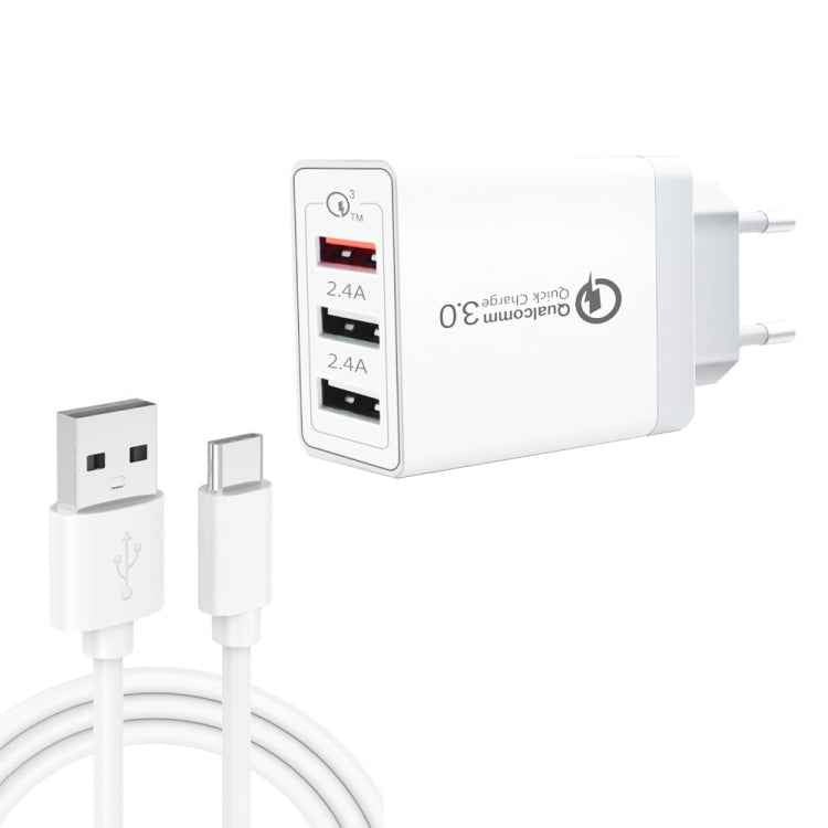 SDC-30W 2 in 1 USB to USB-C / Type-C Data Cable + 30W QC 3.0 USB + 2.4A Dual USB 2.0 Ports Mobile Phone Tablet PC Universal Quick Charger Travel Charger Set, EU Plug