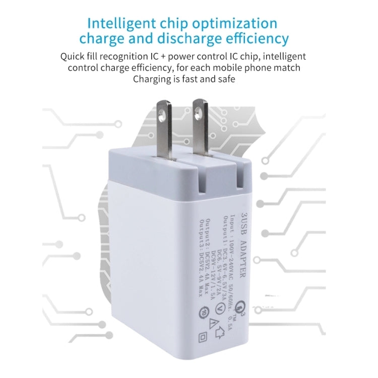 SDC-30W 2 in 1 USB to 8 Pin Data Cable + 30W QC 3.0 USB + 2.4A Dual USB 2.0 Ports Mobile Phone Tablet PC Universal Quick Charger Travel Charger Set,  US Plug, with 8 Pin Cable, US Plug