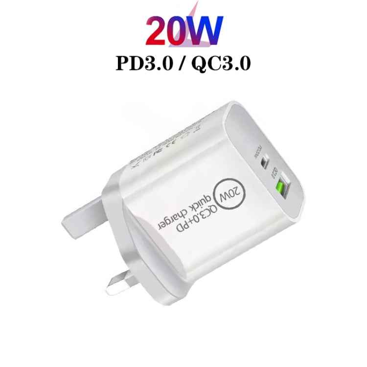 SDC-20WA+C 20W PD 3.0 + QC 3.0 USB Dual Fast Charging Universal Travel Charger with Micro USB to 8 Pin Fast Charging Data Cable, UK Plug