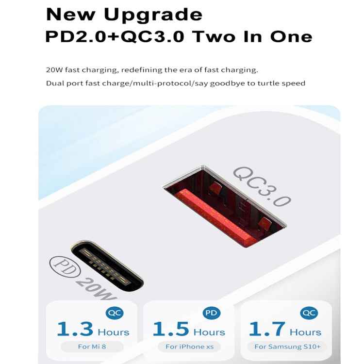 SDC-20WA+C 20W PD 3.0 + QC 3.0 USB Dual Fast Charging Universal Travel Charger with Micro USB to 8 Pin Fast Charging Data Cable, UK Plug