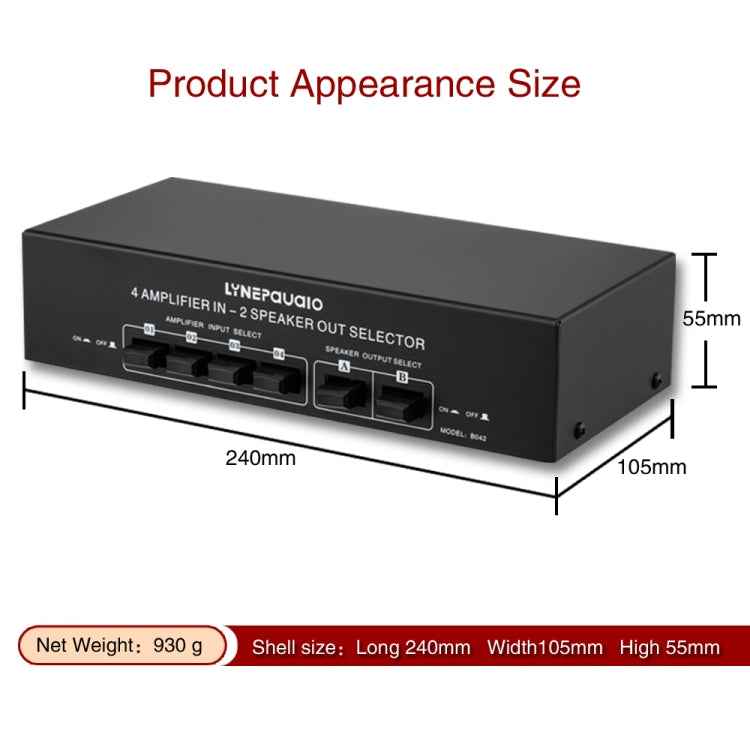 B042 4-in 2-out Power Amplifier Sound Switcher Loudspeaker Switch Distributor, 300W Per Channel Lossless Sound Quality