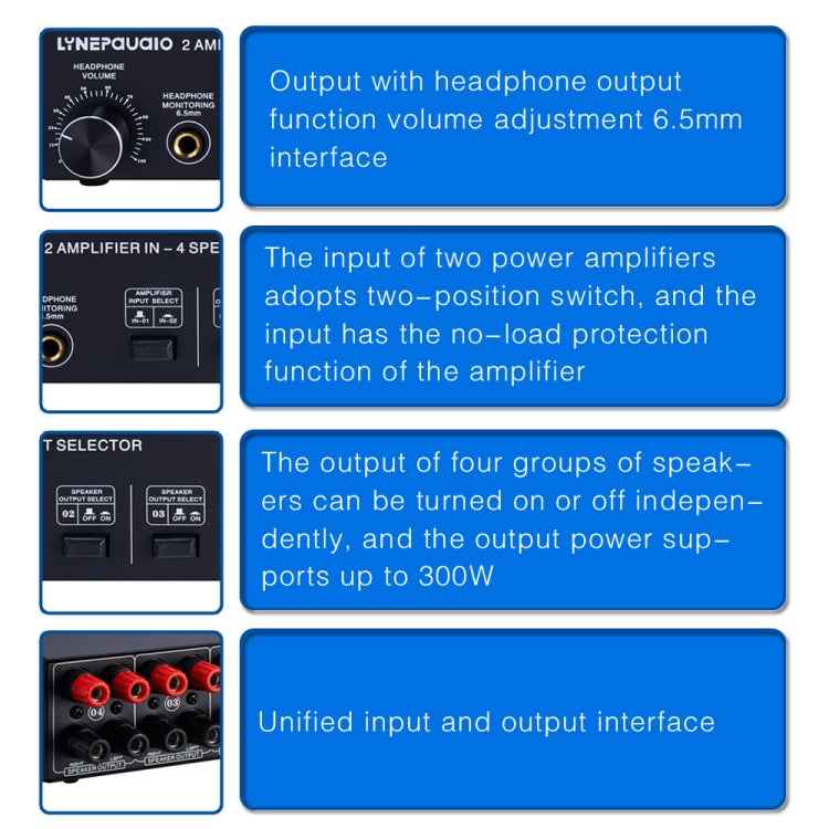 B032 2-in 4-out Power Amplifier Sound Switcher Speaker  Lossless Sound Quality 300W Per Channel Switch Distributor Comparator with Headset Monitoring Function / Audio Input