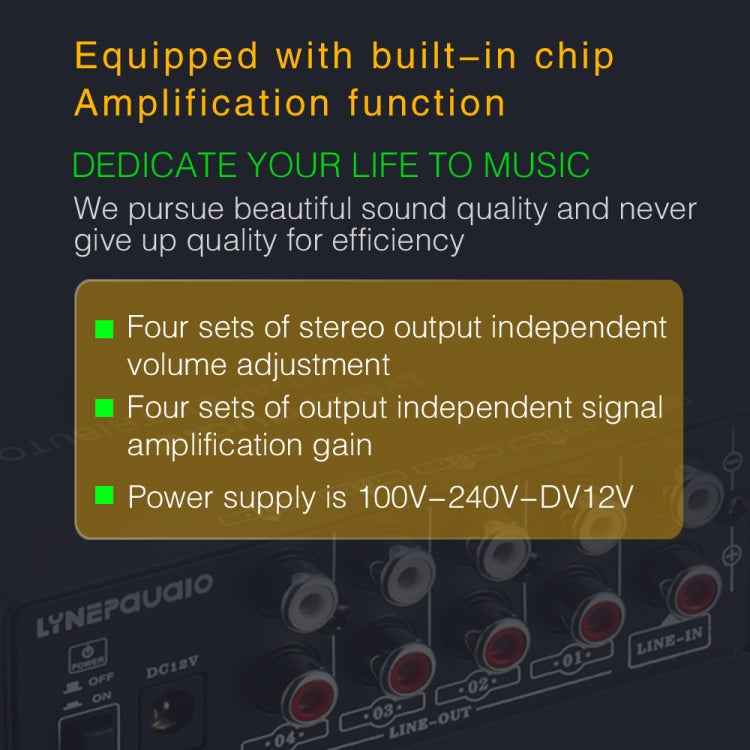 1-In 4-Out Front Stereo Signal Amplifier, Independent Output Volume Adjustment RCA Interface No Loss  Allocator, US Plug