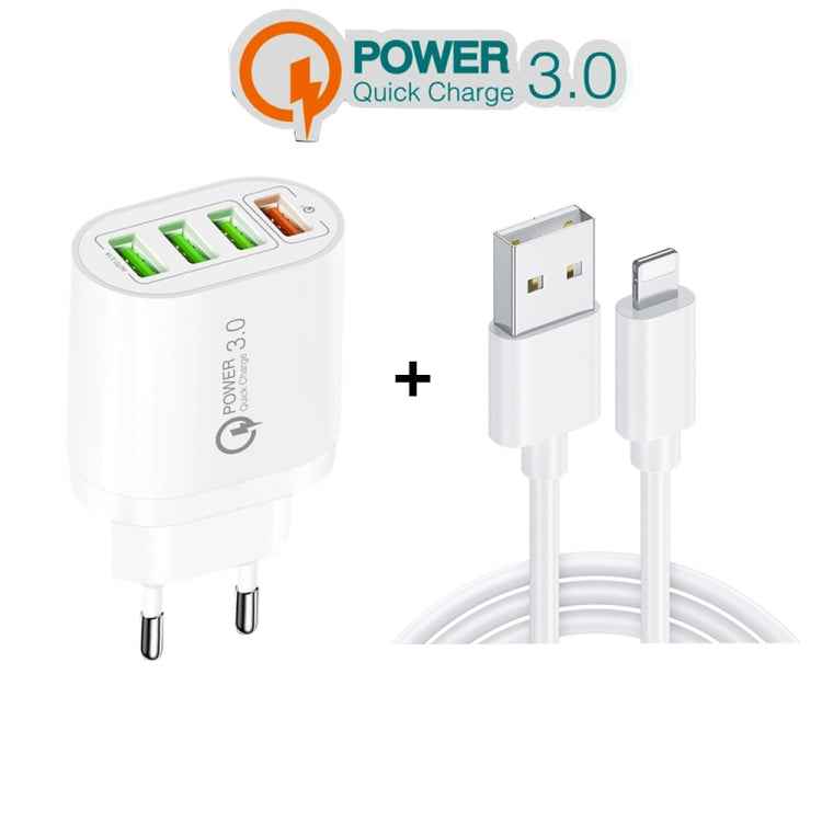 QC-04 QC3.0 + 3 x USB2.0 Multi-ports Charger with 3A USB to 8 Pin Data Cable, EU Plug