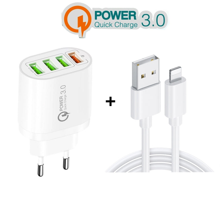 QC-04 QC3.0 + 3 x USB2.0 Multi-ports Charger with 3A USB to 8 Pin Data Cable, EU Plug, EU Plug + 8 Pin Cable