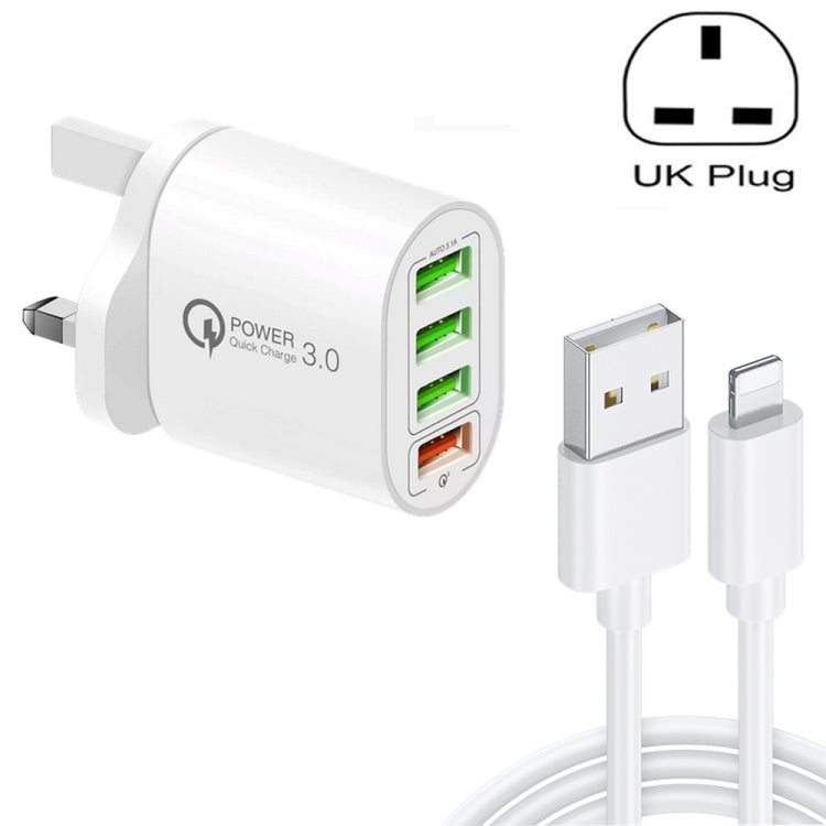 QC-04 QC3.0 + 3 x USB2.0 Multi-ports Charger with 3A USB to 8 Pin Data Cable, UK Plug, UK Plug + 8 Pin Cable