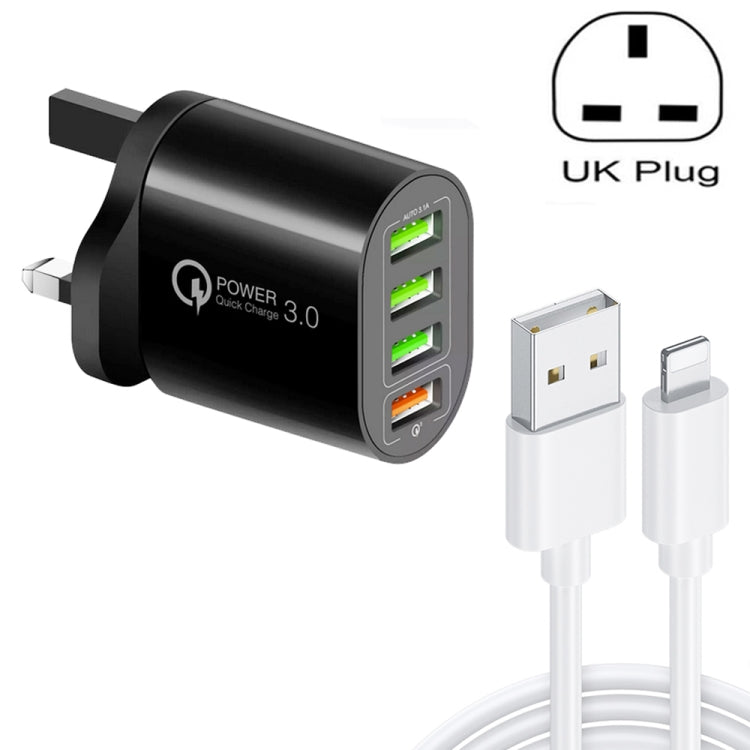 QC-04 QC3.0 + 3 x USB2.0 Multi-ports Charger with 3A USB to 8 Pin Data Cable, UK Plug, UK Plug + 8 Pin Cable