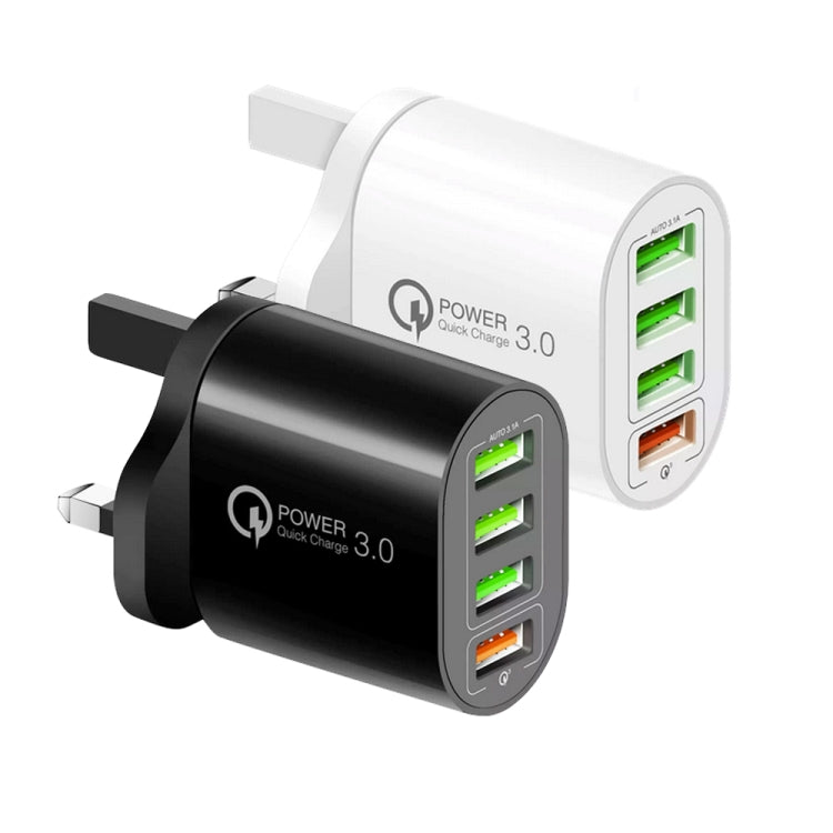 QC-04 QC3.0 + 3 x USB2.0 Multi-ports Charger with 3A USB to 8 Pin Data Cable, UK Plug, UK Plug + 8 Pin Cable