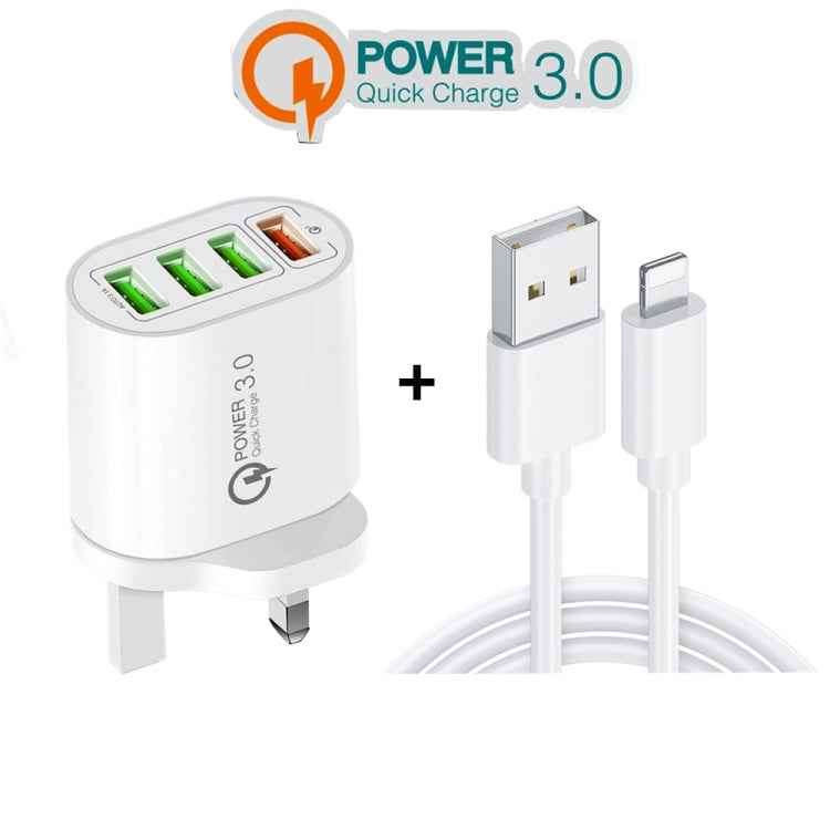 QC-04 QC3.0 + 3 x USB2.0 Multi-ports Charger with 3A USB to 8 Pin Data Cable, UK Plug