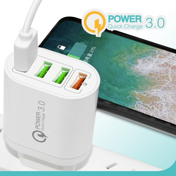 QC-04 QC3.0 + 3 x USB2.0 Multi-ports Charger with 3A USB to 8 Pin Data Cable, UK Plug, UK Plug + 8 Pin Cable