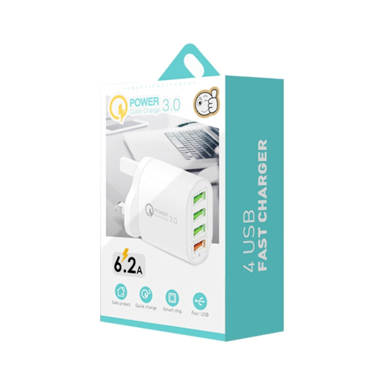 QC-04 QC3.0 + 3 x USB2.0 Multi-ports Charger with 3A USB to 8 Pin Data Cable, UK Plug, UK Plug + 8 Pin Cable