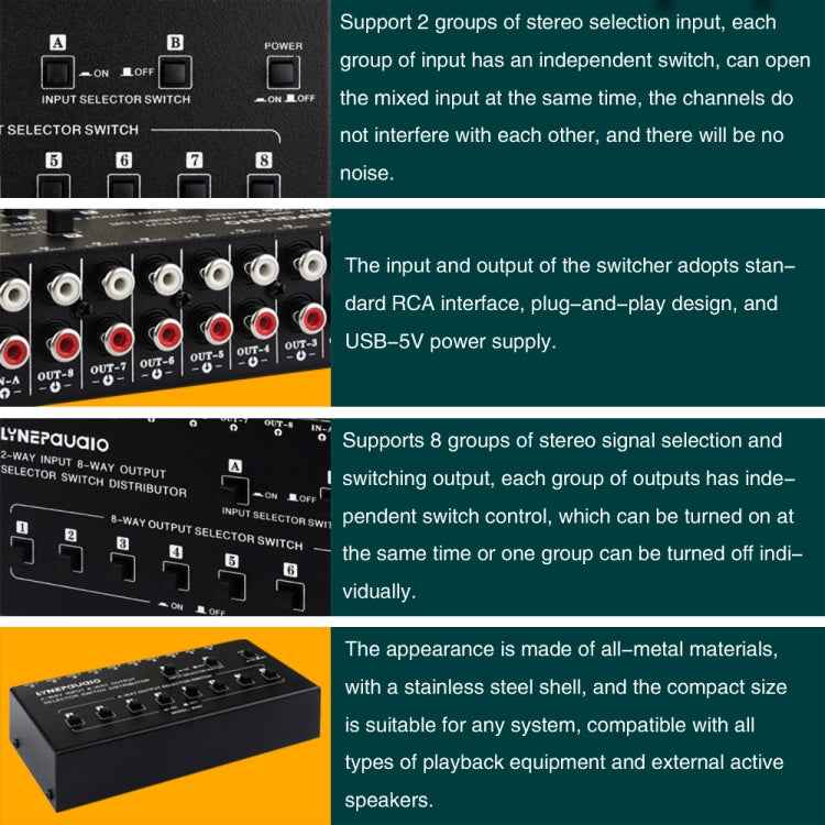 2 In 8 Out RCA Audio Frequency Signal Select Switch Distributor