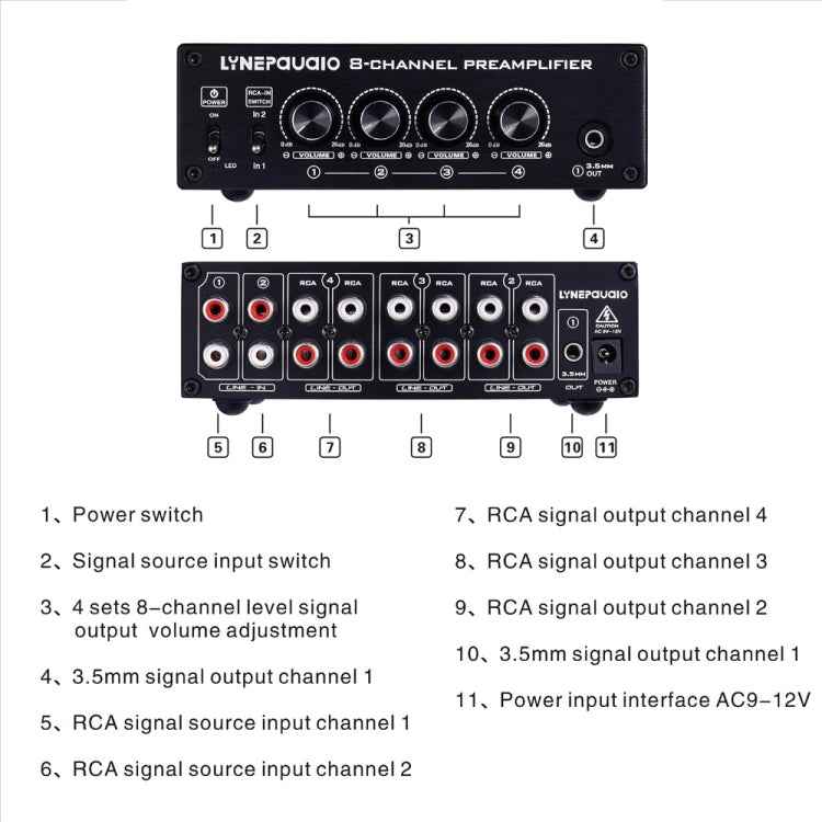 Pre-Amplifier Speaker Distributor, 2 In 8 Out Switcher, Speaker Comparator, Signal Booster, With Volume Control And Earphone 16-600 ohms / Monitor Function 2-Channel Signal Switching Input